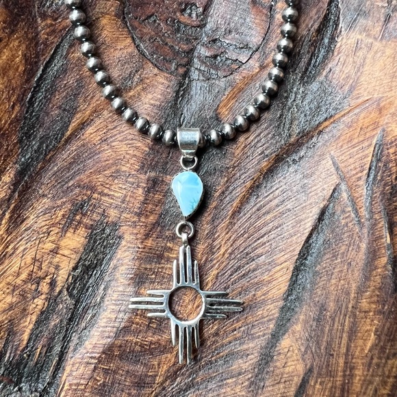 Artisan Jewelry - 925 Sterling Silver & Larimar Zia Pendant • Southwestern •